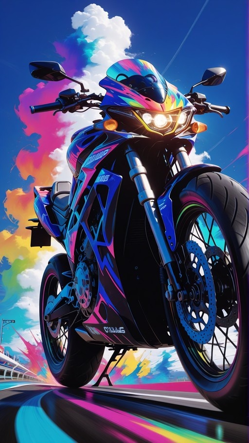 A low-angle view of a vibrant blue and pink sport motorcycle parked on a stand against a cloudy sky.