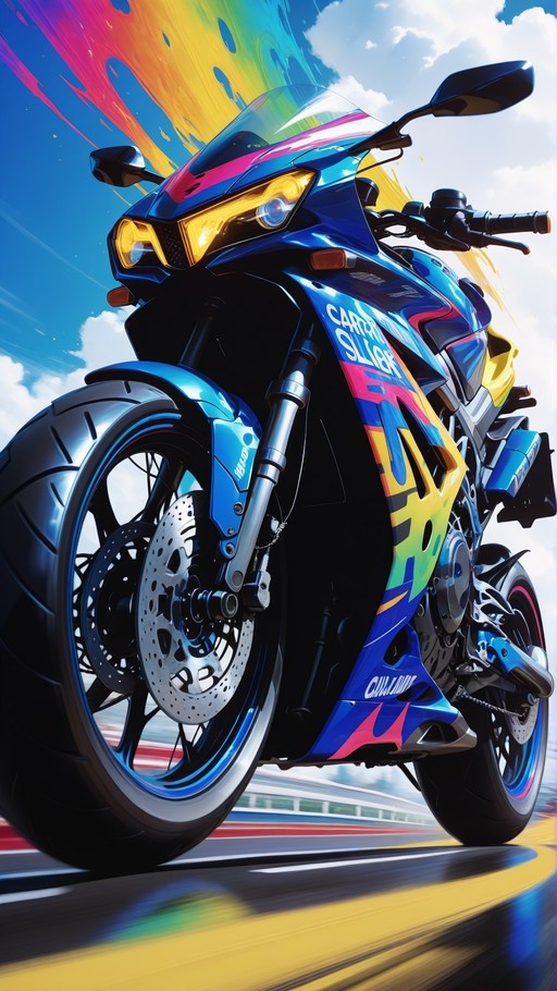 A stylized blue racing motorcycle with rainbow accents speeding down a road under a bright sky.