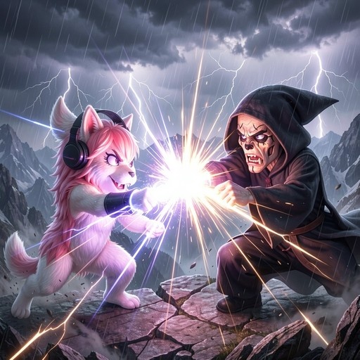 A pink-furred wolf character wearing headphones battles a hooded Grim Reaper on a rocky mountain peak during a thunderstorm, clashing magical energy blasts under lightning-filled skies.