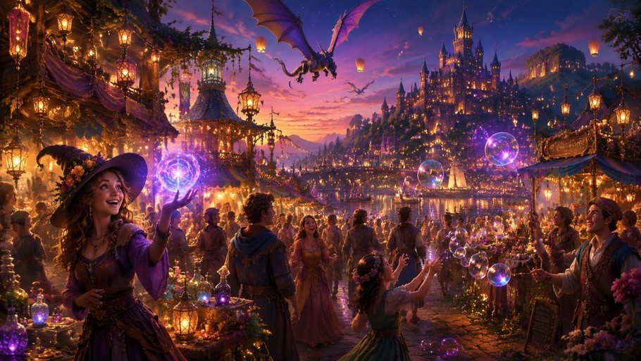 A smiling witch in a purple dress and flower-adorned hat casts a glowing orb of magic at a bustling fantasy market at twilight, with a large dragon flying near a castle on a hill in the background.