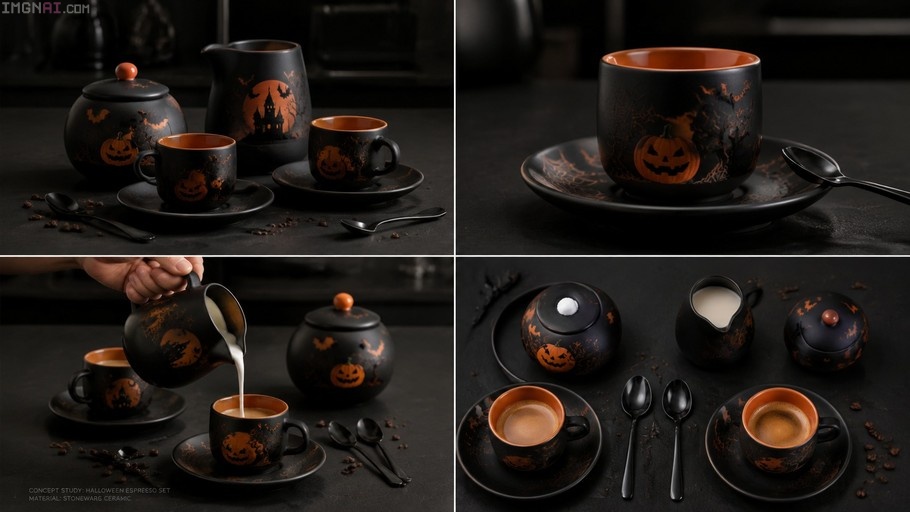 Four-panel view of a Halloween-themed stoneware espresso set featuring black ceramics with orange jack-o'-lanterns and haunted house motifs, including a close-up of milk being poured.