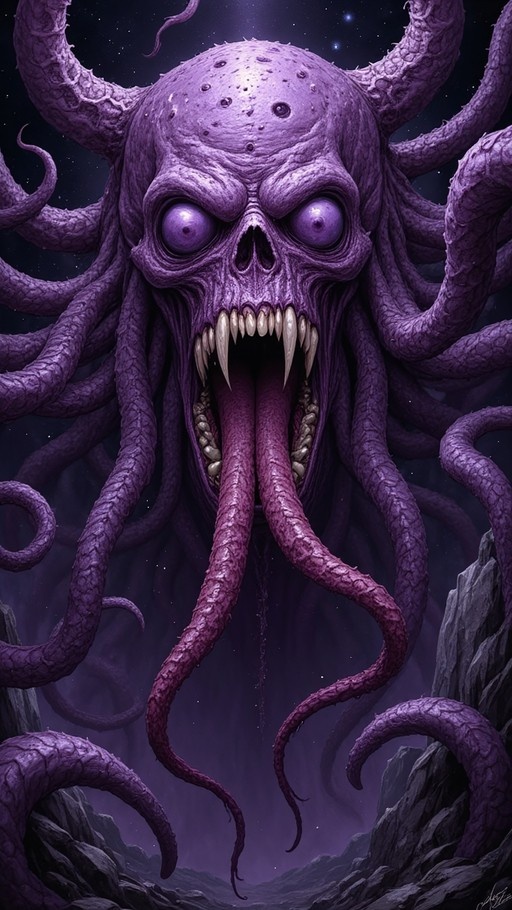 A close-up view of a terrifying purple eldritch abomination with a skull-like head, multiple eyes, sharp fangs, and long tongues extending from its mouth, surrounded by writhing tentacles against a dark starry background.