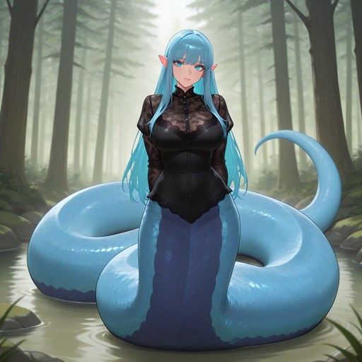 A blue-haired lamia with pointed ears stands in a misty forest stream, her large blue scaled tail coiling around her.