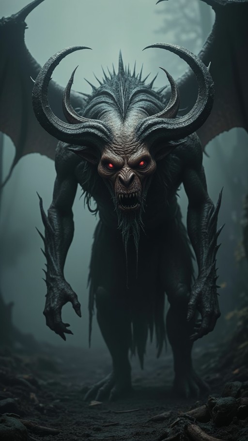 A large horned demon with glowing red eyes and bat-like wings stands menacingly in a foggy forest.