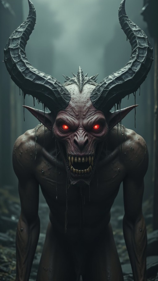 A muscular horned demon with glowing red eyes and sharp teeth stands in a dark misty setting.