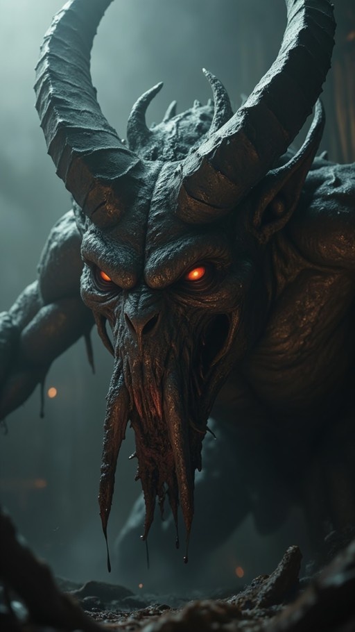 Close-up of a menacing dark fantasy monster with large curved horns, glowing orange eyes, and hanging fleshy tendrils dripping from its snout.