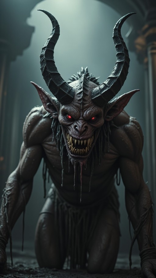A muscular horned demon with glowing red eyes and sharp teeth kneels on all fours in a dark setting, drooling from its mouth.