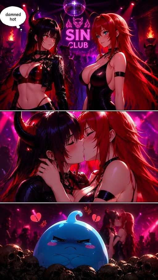 A three-panel comic showing Rias Gremory and Nerissa Ravencroft kissing at a nightclub while a crying blue slime sits among skulls in the foreground.