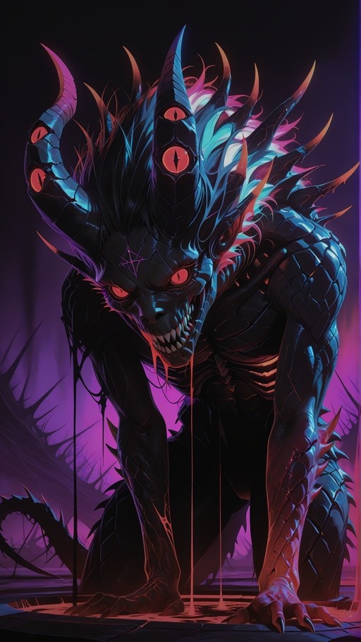 A menacing black-scaled demon with glowing red eyes, multiple horns, and sharp teeth crouches forward while drooling against a purple-lit background.