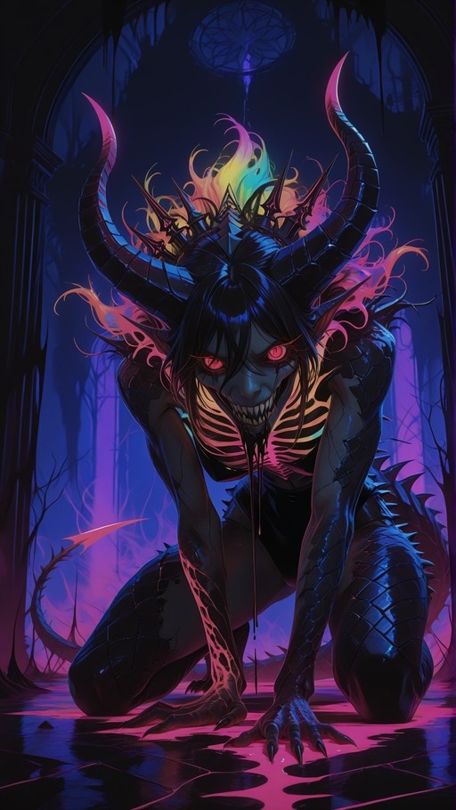 A female demon with large curved black horns and glowing red eyes crouches on a wet stone floor. She has black hair fading into rainbow colors at the tips, sharp teeth, and dark scaled skin on her legs and tail. The scene is lit with blue and purple light in a gothic interior.