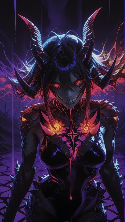 A digital painting of a demon girl with large curved horns, glowing red eyes, and dark skin, wearing spiked black armor with glowing orange chest details.