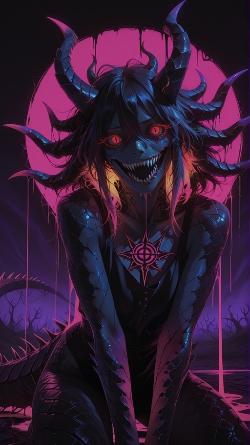 A blue-skinned female creature with multiple curved horns and sharp teeth smiles at the viewer under a large pink moon, featuring glowing red eyes and black scales.