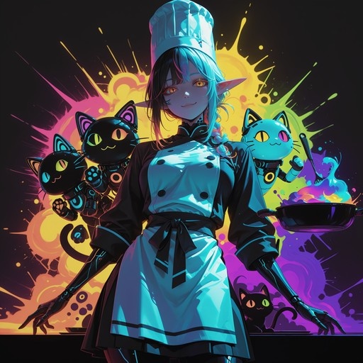 Anime-style elf girl in a chef's hat and apron holding a frying pan with three small robot cats around her.
