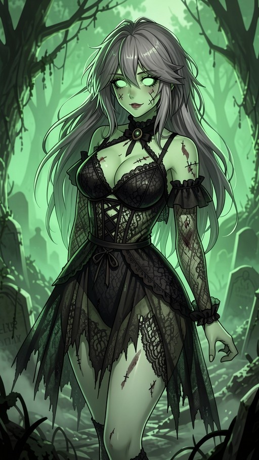 A green-skinned zombie girl with long silver hair and glowing eyes stands in a foggy graveyard wearing a black lace dress.