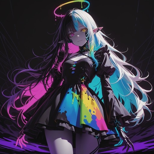 An anime-style elf girl with heterochromia, long multi-colored hair, and a glowing rainbow halo stands in a black dress with colorful paint splatters on the skirt, one of her arms is mechanical.