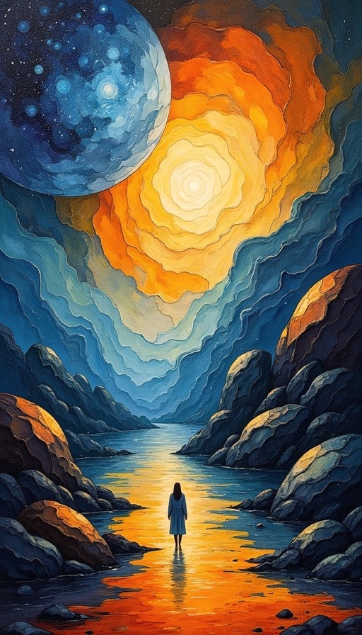 A girl in a blue dress stands in water looking at a large orange sun and blue planet in the sky.