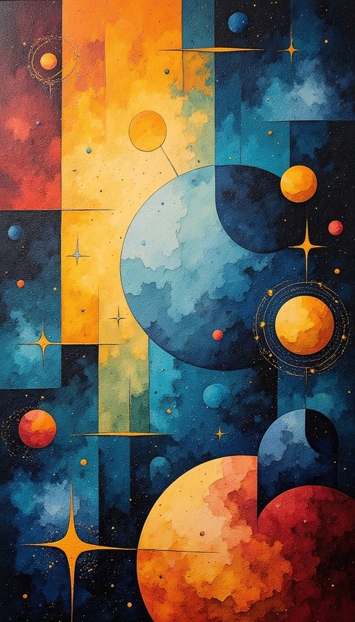 Abstract geometric artwork depicting a stylized solar system with large blue and orange planets against a textured blue and yellow background.