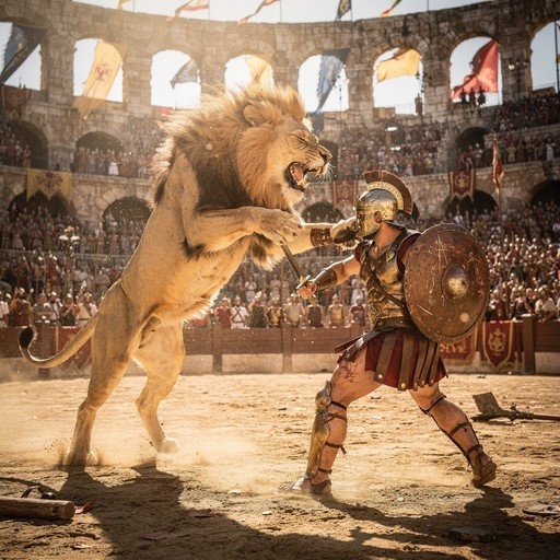 A Roman gladiator in armor fights a roaring lion in a crowded colosseum.
