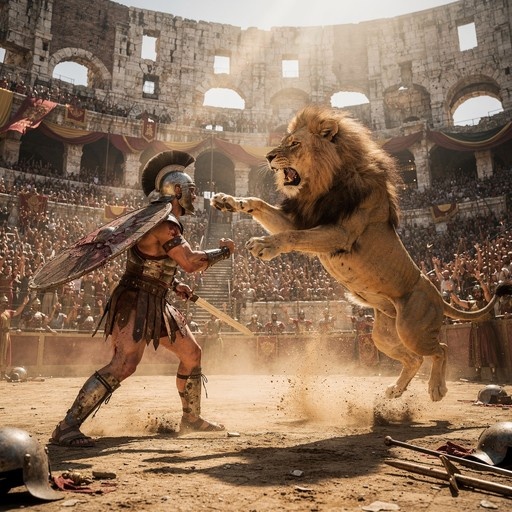 A Roman gladiator in armor and helmet raises his shield to block a leaping lion during a combat match in a crowded ancient colosseum.