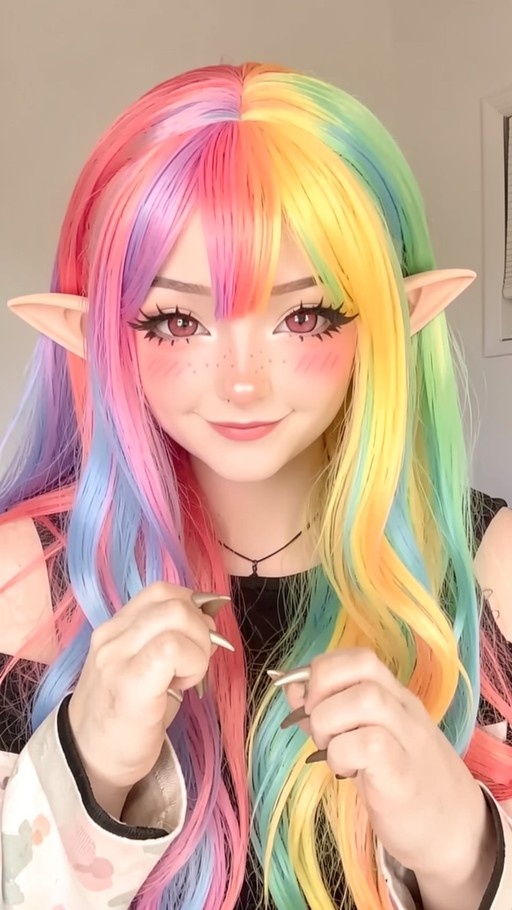 A smiling cosplayer with long wavy rainbow hair and pointed elf ears holds up her hands to show off long silver claws.