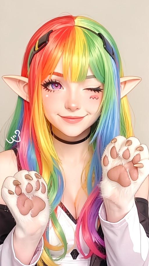 Anime girl with long rainbow hair and pointed elf ears winking while holding up large white animal paws.