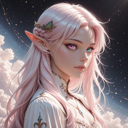 A pink-haired elf with one pink eye and one blue eye stands against a starry sky, wearing a white dress and a leaf hair accessory.