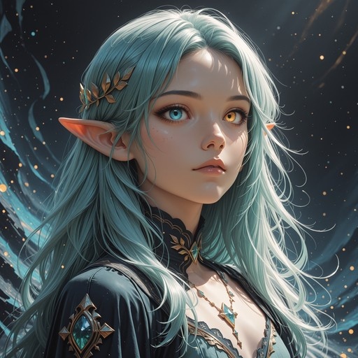 A portrait of a female elf with long light blue hair and pointed ears, featuring one blue eye and one golden eye, wearing a golden leaf hair ornament and dark clothing with teal gem accents against a starry night sky.
