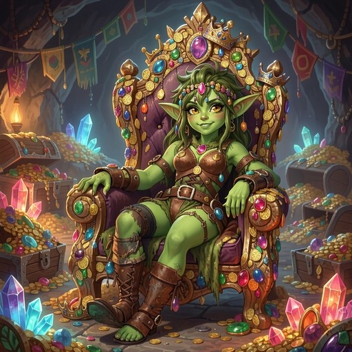 A green-skinned female goblin with long hair and pointed ears sits on a large ornate throne surrounded by piles of gold coins, treasure chests, and colorful crystals in a cave setting.