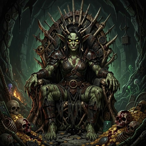 A green-skinned female orc with pointed ears and tusks sits on a throne made of bones and spikes in a dark cave, surrounded by gold coins and skulls.