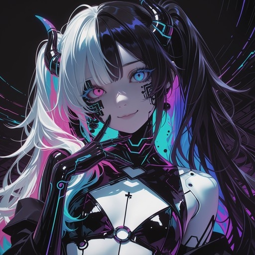 Anime-style cyborg girl with black and white twintails, curved horns, and mismatched pink and blue eyes. She has a mechanical arm and cybernetic facial markings, smiling against a dark neon background.