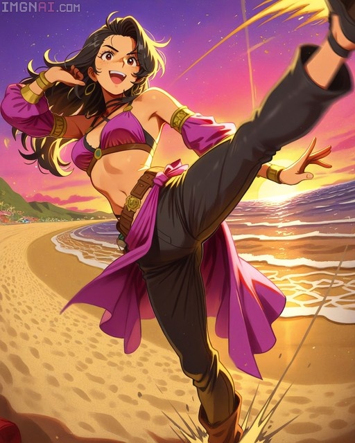 Christie Monteiro performing a high kick on the beach at sunset