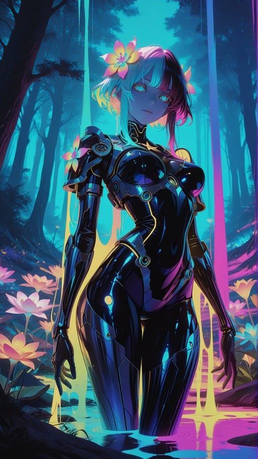 Anime-style cyborg girl with two-toned hair and black armor standing in a glowing blue swamp surrounded by pink lotus flowers.