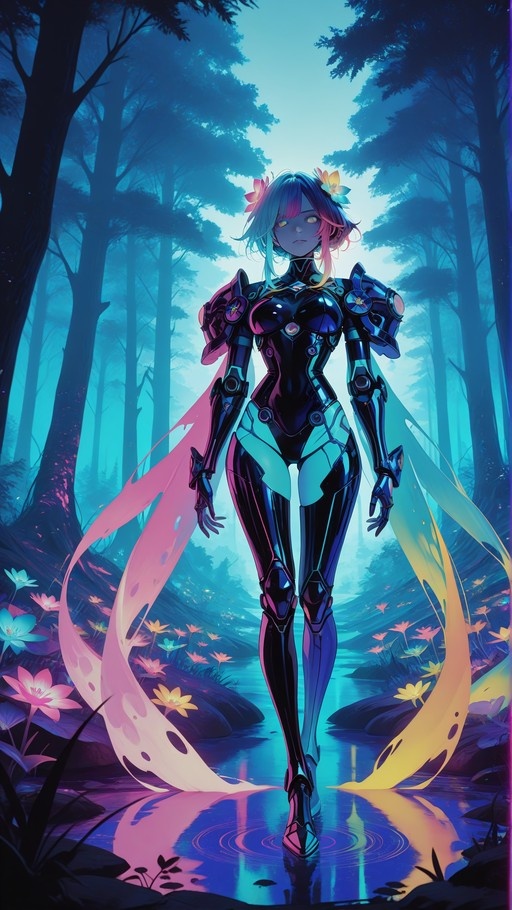 A full-body view of a female android with long blue and pink hair wearing dark metallic armor, standing in a shallow stream within a misty forest filled with colorful flowers.