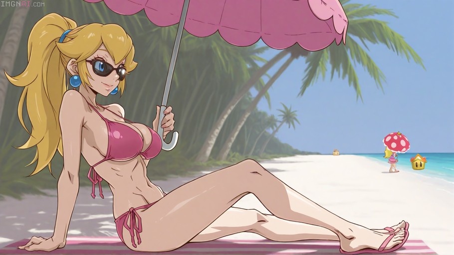 Princess Peach in a pink bikini and sunglasses holding a large pink umbrella on a sandy beach with palm trees.