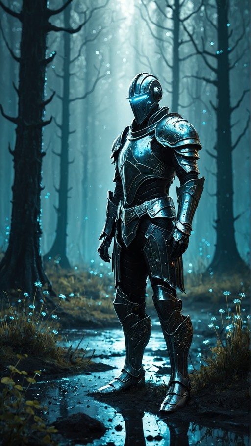 A full-body shot of a knight in dark metallic armor with a glowing blue visor standing in a foggy forest with floating blue lights and small glowing flowers.