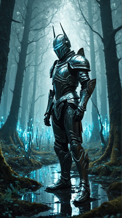 A full-body shot of a knight in dark metallic armor with a horned helmet and glowing blue visor standing in a shallow stream within a foggy forest filled with tall trees and glowing blue plants.