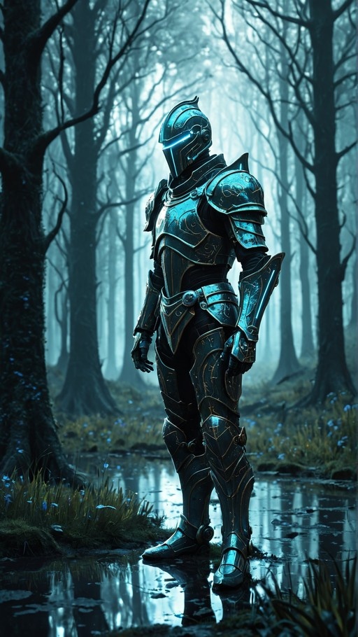 A knight in dark metallic armor with a glowing blue visor stands near a reflective pool in a foggy forest.