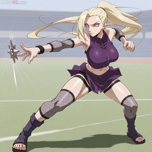 Ino Yamanaka from Naruto throwing a shuriken in a dynamic stance on a training field.