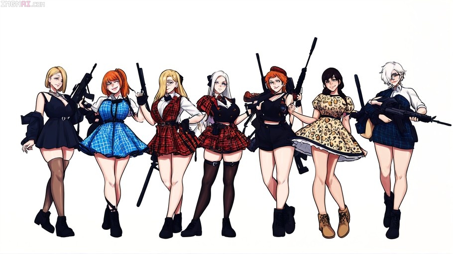 A lineup of seven anime-style girls standing against a white background, each holding an assault rifle or shotgun while wearing distinct colorful dresses and skirts with patterns like plaid and leopard print.