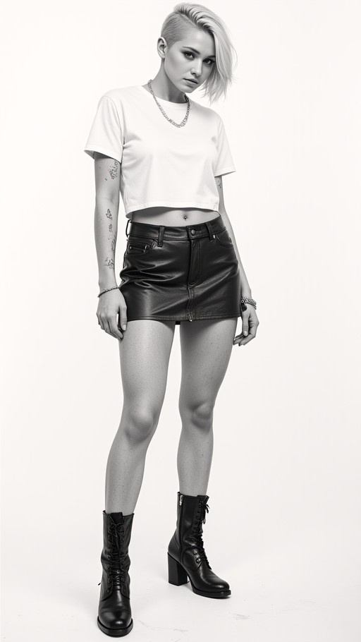 A monochrome full-body portrait of a woman with short asymmetrical hair and an undercut, wearing a white crop top, black leather mini skirt, and lace-up boots.
