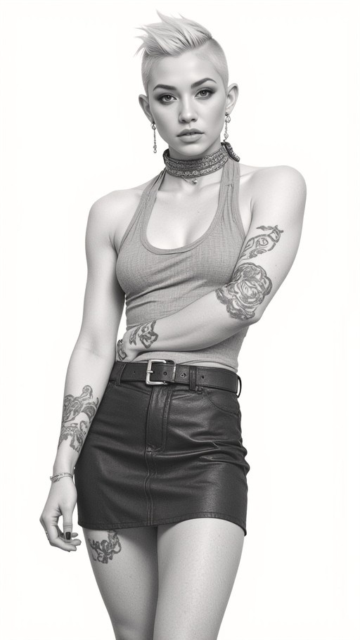 Monochrome portrait of a tattooed woman with short hair wearing a tank top and leather skirt