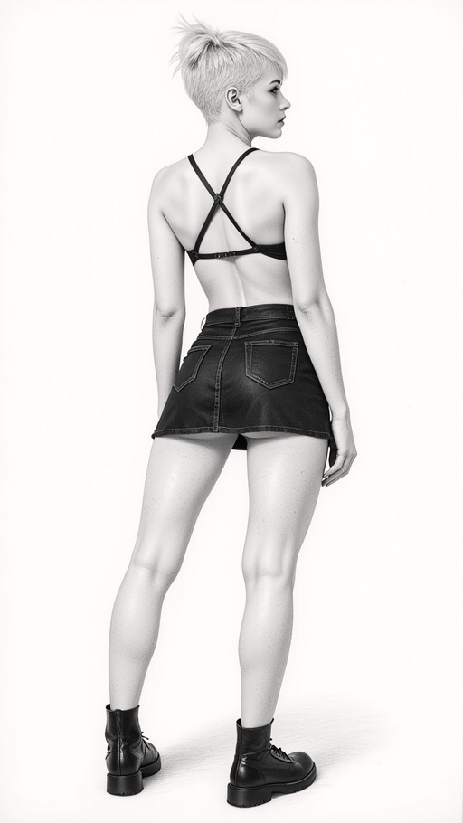 A monochrome full-body shot of a woman with short blonde hair wearing a denim miniskirt and strappy top, standing with her back to the camera and looking over her shoulder.
