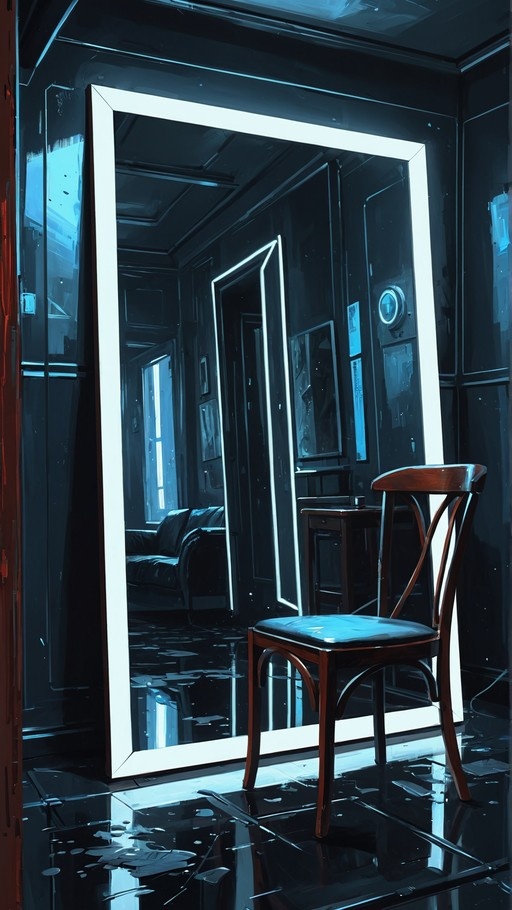 A large mirror with a bright white frame stands in a dark, glossy room, reflecting an endless hallway while a wooden chair sits on the reflective floor nearby.