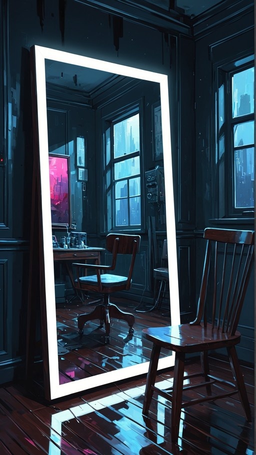 A large glowing rectangular mirror standing on a shiny wooden floor reflects a desk and windows looking out at a city.