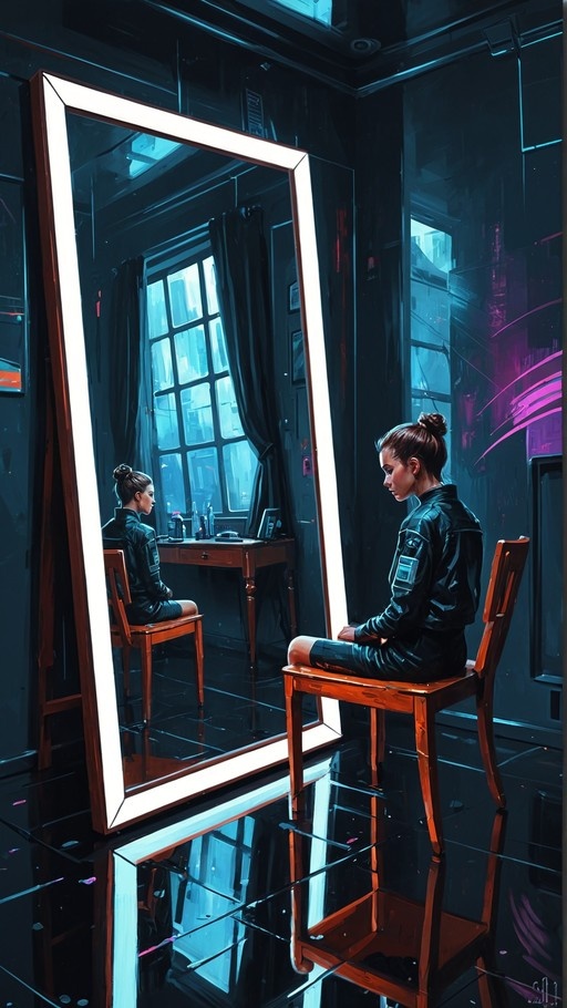 A young woman in a black leather jacket sits on a wooden chair facing a large illuminated mirror, her reflection visible in the glass against a moody blue-lit interior.