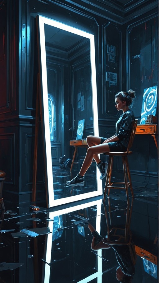 A young woman with dark hair in a bun sits on a wooden stool next to a large glowing rectangular mirror in a dimly lit room with a reflective floor.