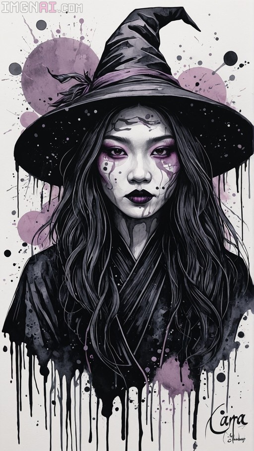 A digital illustration of an Asian woman dressed as a witch, wearing a large black hat and robe, with long dark hair and purple makeup, set against a background of ink splatters and purple circles.