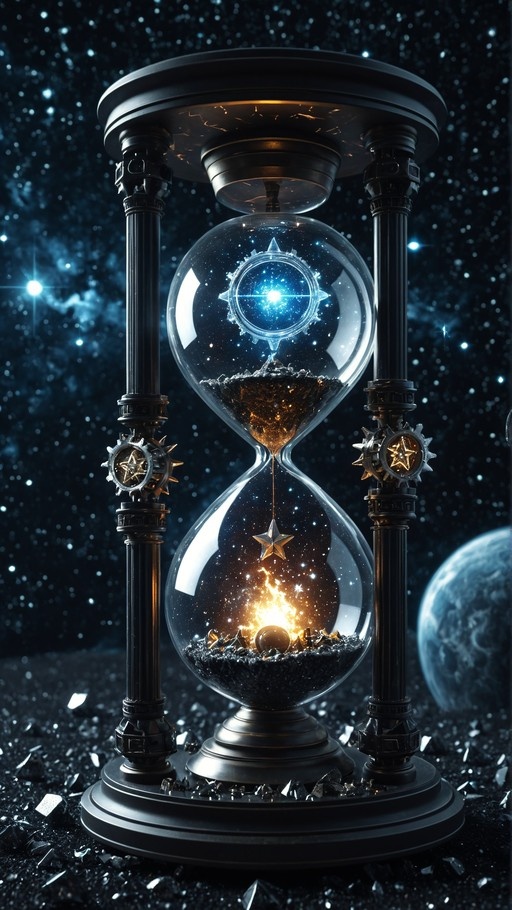 A large ornate hourglass with black pillars and star-shaped gears stands on a dark surface in space. The glass bulbs contain swirling blue starlight and falling golden sand, with a bright light at the bottom, set against a backdrop of stars and a distant planet.