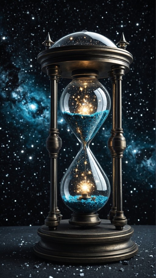 An ornate brass hourglass filled with blue sand and sparkling golden stars stands against a backdrop of a deep blue galaxy and scattered stars.