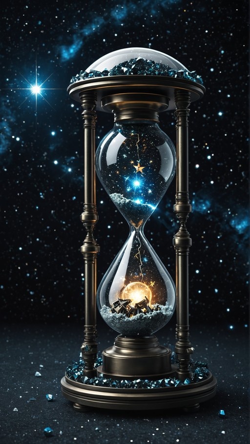 An ornate antique hourglass stands against a deep blue starry background, with its glass bulbs containing miniature galaxies, falling sand, and glowing mechanical gears.